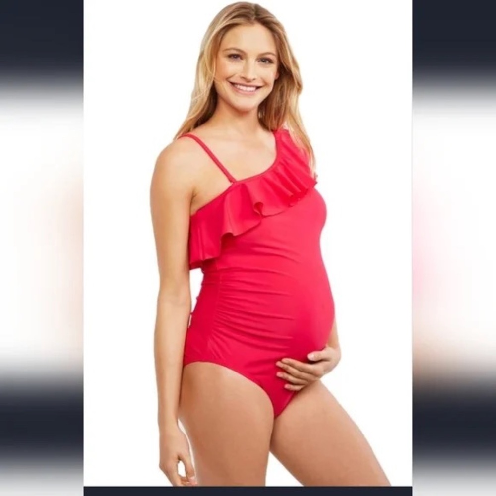 Red Ruffle Front One Shoulder Maternity Swimsuit
